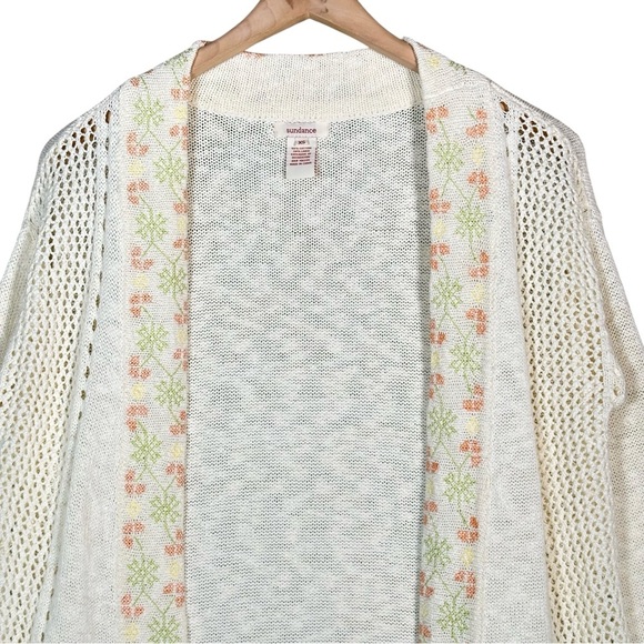 SUNDANCE Embroidered Lattice Lace Open Front Cotton/Linen Blend Duster Cardigan - Picture 3 of 10